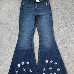 Flared Daisy Embroidery Denim Wide Leg bottom Medium Washed Jean NWT Y2K SZ 28